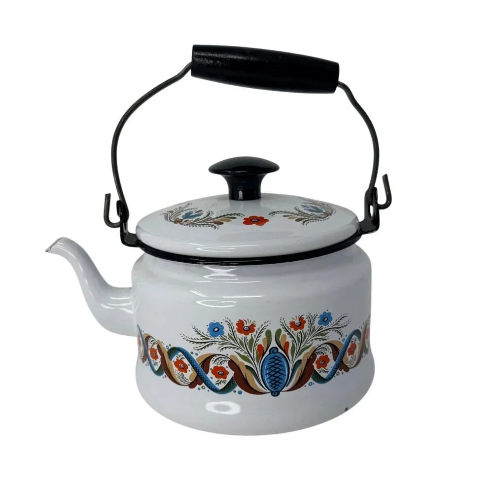Vintage‎ 1960s Georges Briard Dutch Floral Enamelware Teapot Tea Kettle MCM